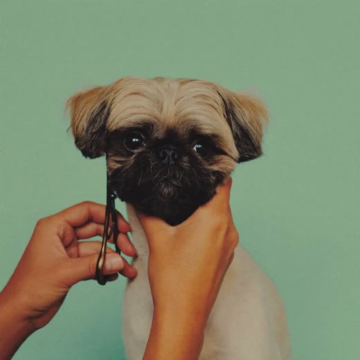 A small dog having its coat trimmed with grooming scissors