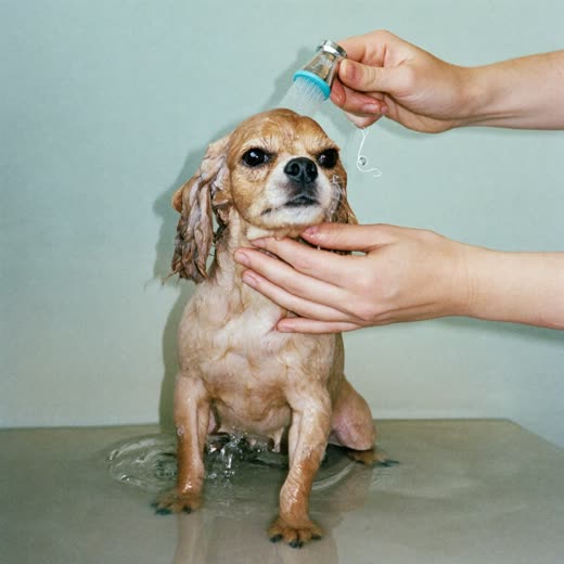 A small spaniel being bathed